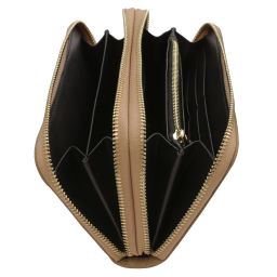 Ada Portefeuille en Cuir Souple à Double Entièrement Zippée Taupe clair TL142349