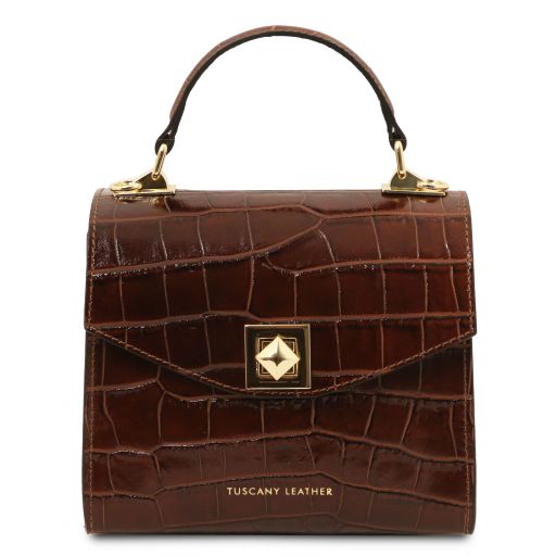 Atena Croc Print Leather Handbag Brown TL142267