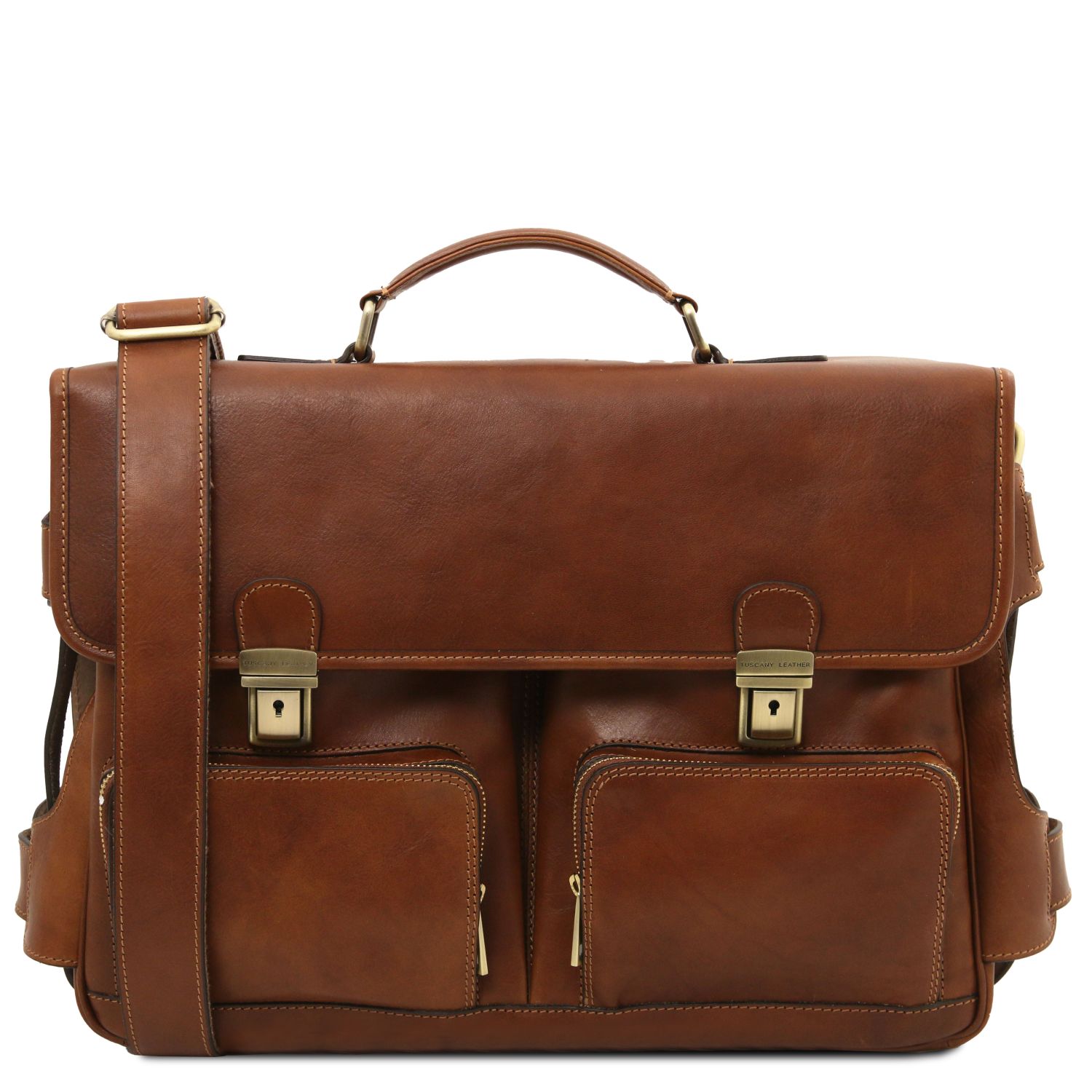 Leather multi compartment briefcase with front pockets Brown