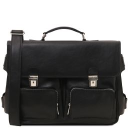 Ventimiglia Leather Multi Compartment TL SMART Briefcase With Front Pockets Black TL142069