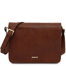 TL Messenger Two Compartments Leather Shoulder bag - Large Size Brown TL142430