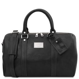 TL Voyager Travel Leather Duffle bag With Pocket on the Back Side - Small Size Black TL141250