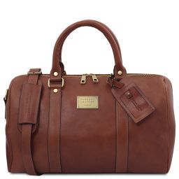 TL Voyager Travel Leather Duffle bag With Pocket on the Back Side - Small Size Brown TL141250