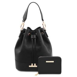 Panarea Leather Bucket bag and Exclusive zip Around Leather Wallet Black TL142443