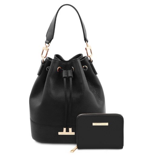 Panarea Borsa Secchiello in Pelle ed Esclusivo Portafogli in Pelle zip Around Nero TL142443