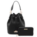 Maddalena Bolso Cubo Secchiello en Piel y Elegante Cartera en Piel con Cremallera en el Contorno Negro TL142444