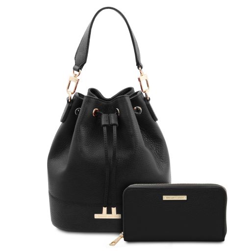 Maddalena Borsa Secchiello in Pelle ed Esclusivo Portafogli in Pelle zip Around Nero TL142444