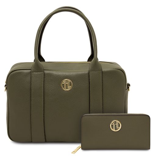Maiorca Bolso en Piel y Cartera en Piel con Cremallera en el Contorno Verde Oscuro TL142486