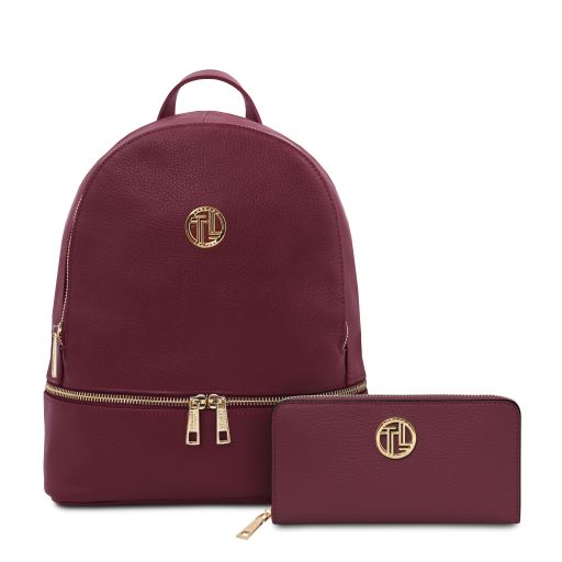 Djerba Sac à dos en Cuir Souple et Portefeuille en Cuir Entièrement Zippée Bordeaux TL142488