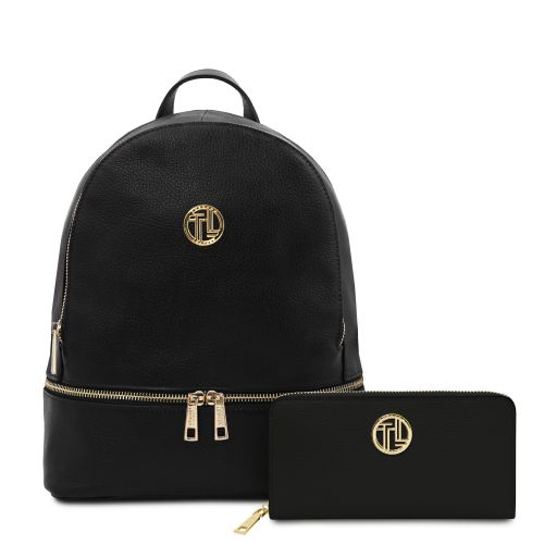 Djerba Soft Leather Backpack and zip Around Leather Wallet Black TL142488