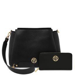 Creta Sac Bandoulière en Cuir et Portefeuille en Cuir Entièrement Zippée Noir TL142487