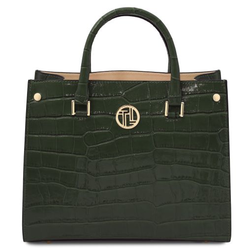 Croque Croc Print Leather Handbag Forest Green TL142504