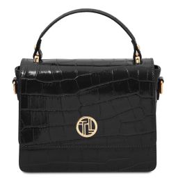 Croque Croc Print Leather Handbag Black TL142503