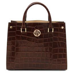 Croque Croc Print Leather Handbag Coffee TL142504