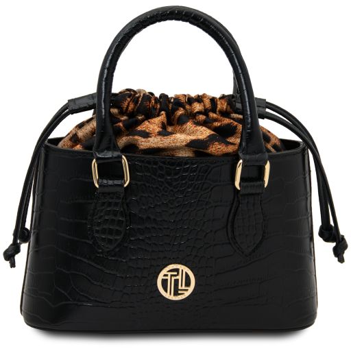 Croque Croc Print Leather Handbag Black TL142510