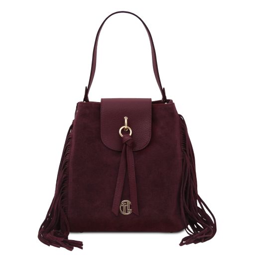 Nomade Sac à épaule en Cuir Daim et Franges Bordeaux TL142512