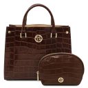 Linosa Croc Print Leather Handbag and Croc Print Leather Toiletry Case Coffee TL142522
