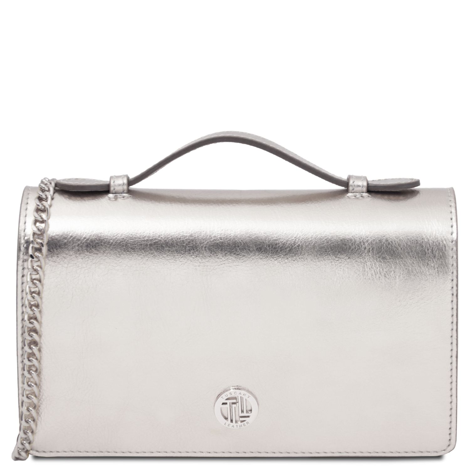 Pochette in pelle metallic con tracolla a catena Argento