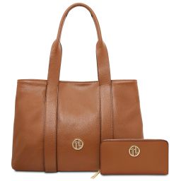 Skye Schultertasche aus Weichem Leder und Damenbrieftasche aus Leder mit Rundum-Reißverschluss Cognac TL142606
