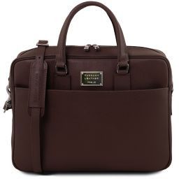 Urbino Cartable porte ordinateur en cuir Saffiano avec poche frontale Marron foncé TL141627