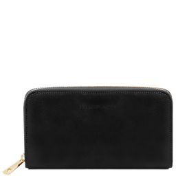 Esclusivo portafogli in pelle da donna con zip su 3 lati e soffietti Nero TL141206