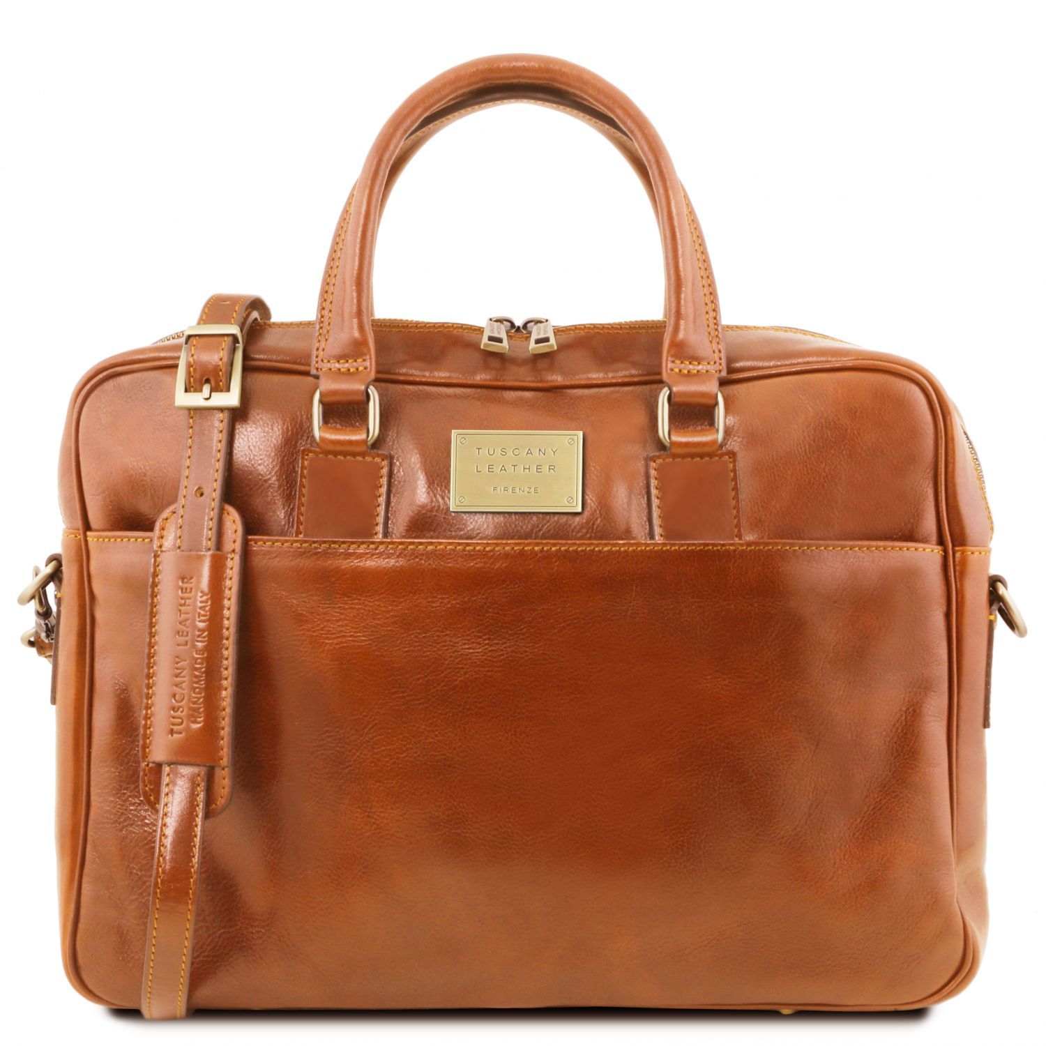 Urbino Leather laptop briefcase with front pocket - Honey