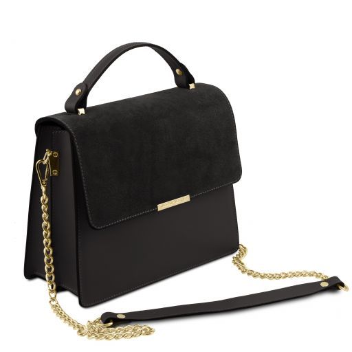 black leather handbag with chain strap