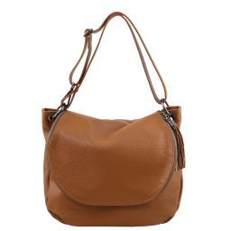 TL Bag Sac bandoulière besace en cuir souple avec pompon Cognac TL141802