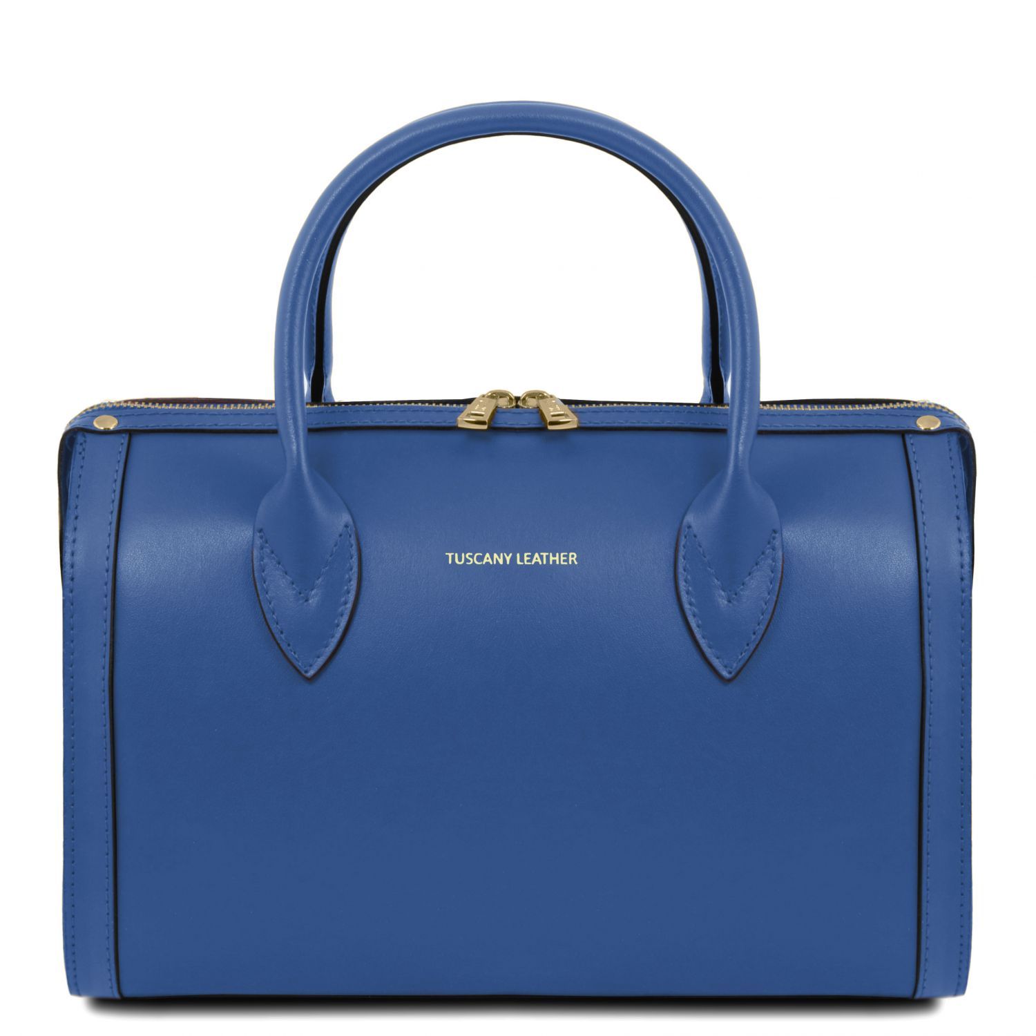 blue leather duffle bag