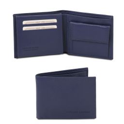Elégant portefeuille en cuir souple pour homme avec 3 volets et porte monnaie Bleu foncé TL142074