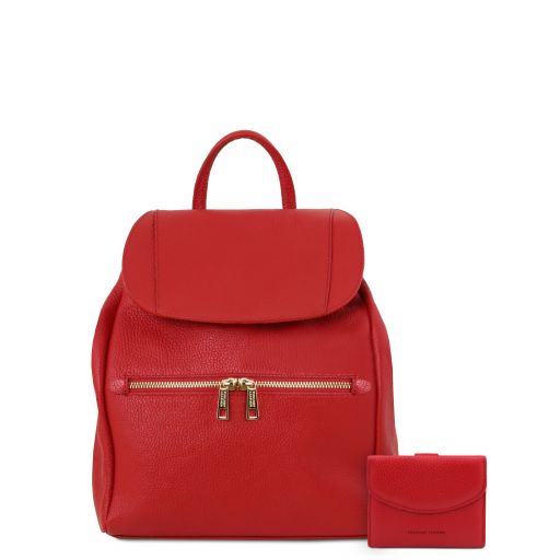 Elba Lederrucksack Für Damen aus Weichem Leder und Brieftasche aus Leder mit 3 Scheinfächern und Münzfach Lipstick Rot TL142153