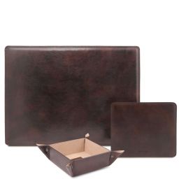 Premium Office Set Carpeta Para Escritorio, Alfombrilla y Vaciabolsillos en Piel Marrón oscuro TL142088