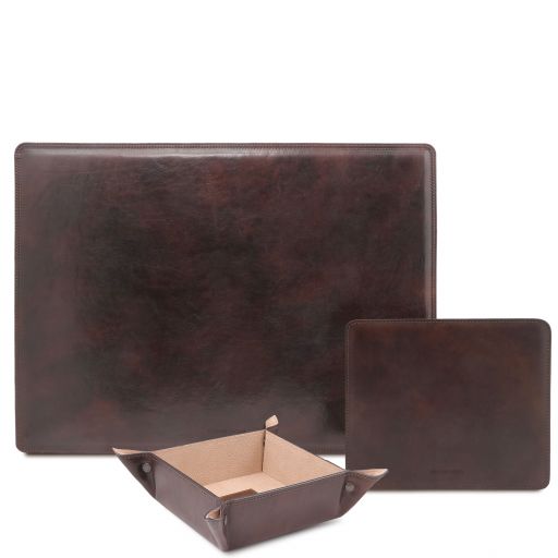 Premium Office Set Leather Desk Pad, Mouse pad and Valet Tray Dark Brown TL142088