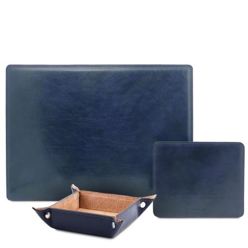 Premium Office Set Leather Desk Pad, Mouse pad and Valet Tray Dark Blue TL142088